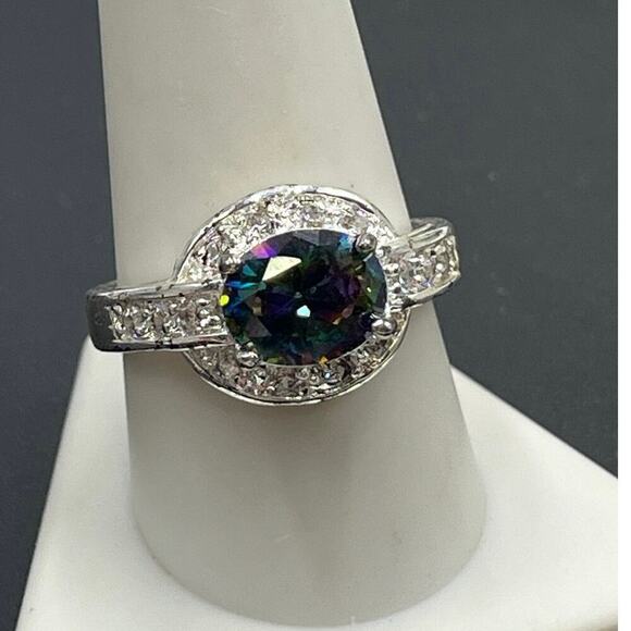 Sterling Silver 925 Mystic Topaz and CZ Ring  Sz 10.25 - Picture 1 of 16
